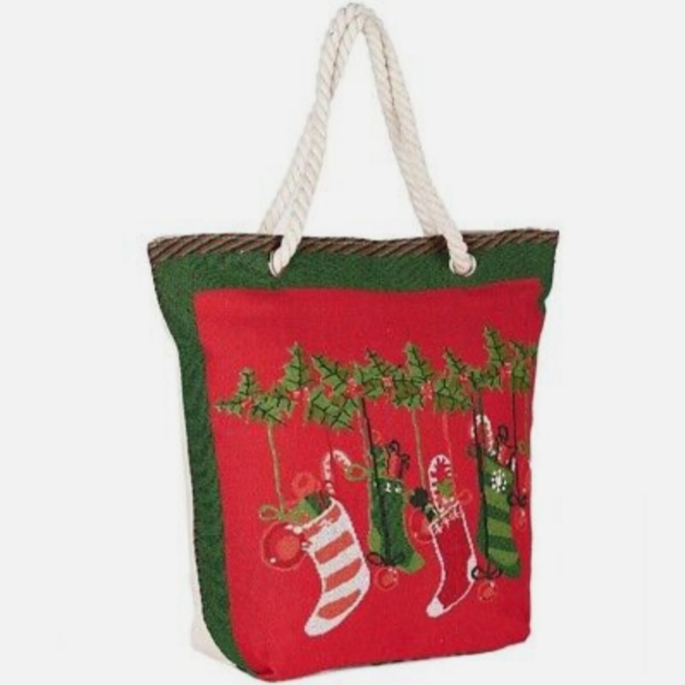 Holiday Christmas Tote Bag Shopping Embroidered Stockings Design Rope Handles